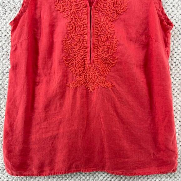 Eli Tahari Top Womens S Orange Linen Tank V-Neck Embroidered Boho Beach Resort - Picture 4 of 12